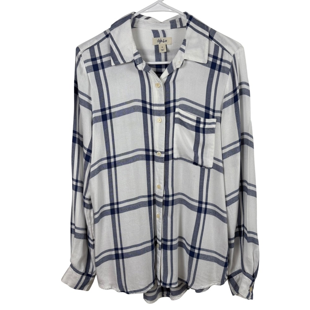 Style & Co Button-Down Shirt Women's S White Navy Plaid Long-Sleeve Soft Preppy